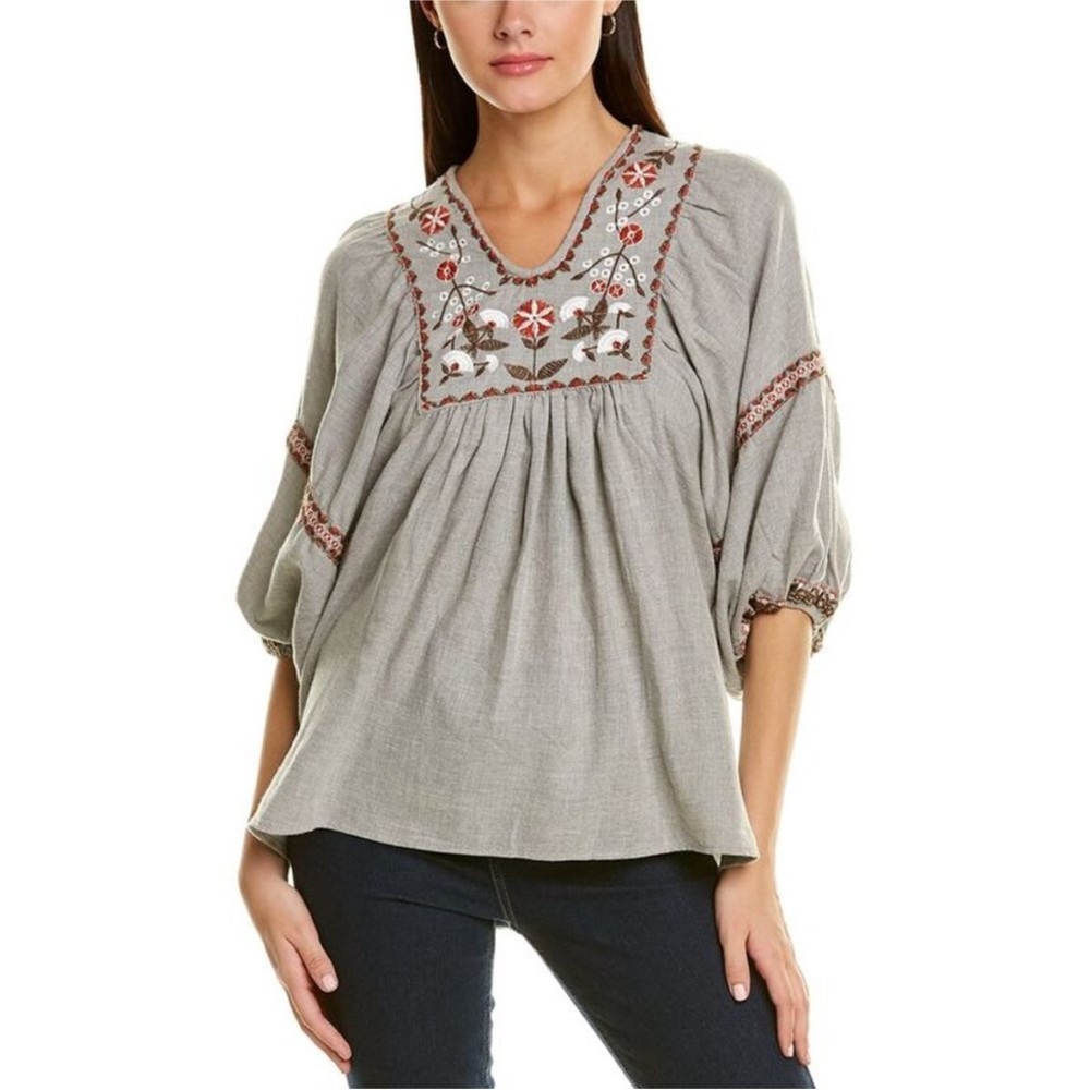Gray Embroidered Blouse with Balloon Sleeves